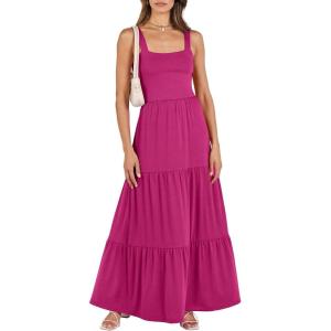 imageANRABESS Womens Summer Casual Long Maxi Beach Vacation Dresses Sleeveless Square Neck Flowy Tiered Sun Dress with PocketsRose Pink