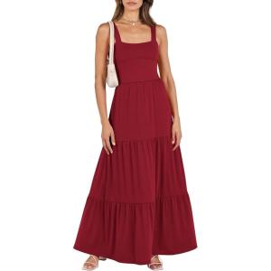 imageANRABESS Womens Summer Casual Long Maxi Beach Vacation Dresses Sleeveless Square Neck Flowy Tiered Sun Dress with PocketsWine Red