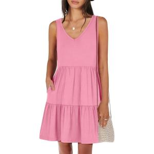 imageANRABESS Womens Summer Casual Tank Dress Sleeveless V Neck T Shirt Sundress Flowy Tiered Swing Mini Beach Vacation DressesPink