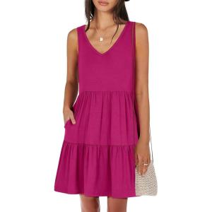 imageANRABESS Womens Summer Casual Tank Dress Sleeveless V Neck T Shirt Sundress Flowy Tiered Swing Mini Beach Vacation DressesRose