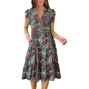 imageANRABESS Womens Summer Dress Ruffle Sleeve V Neck Midi Dresses Fashion Casual Fit Flowy Tiered Boho Beach Vacation SundressBlue Red Floral