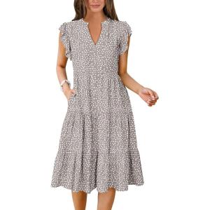 imageANRABESS Womens Summer Dress Ruffle Sleeve V Neck Midi Dresses Fashion Casual Fit Flowy Tiered Boho Beach Vacation SundressKhaki Polka Dot