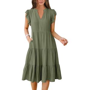 imageANRABESS Womens Summer Dress Ruffle Sleeve V Neck Midi Dresses Fashion Casual Fit Flowy Tiered Boho Beach Vacation SundressOlive