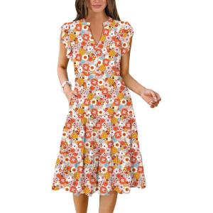 imageANRABESS Womens Summer Dress Ruffle Sleeve V Neck Midi Dresses Fashion Casual Fit Flowy Tiered Boho Beach Vacation SundressOrange Floral