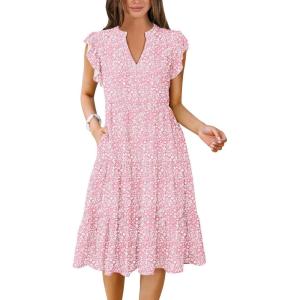 imageANRABESS Womens Summer Dress Ruffle Sleeve V Neck Midi Dresses Fashion Casual Fit Flowy Tiered Boho Beach Vacation SundressPink Floral