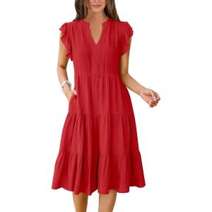 imageANRABESS Womens Summer Dress Ruffle Sleeve V Neck Midi Dresses Fashion Casual Fit Flowy Tiered Boho Beach Vacation SundressRed