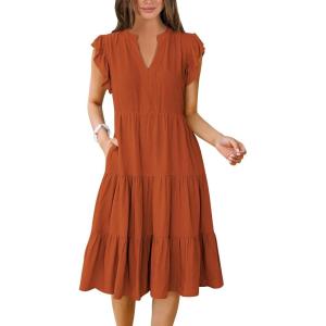imageANRABESS Womens Summer Dress Ruffle Sleeve V Neck Midi Dresses Fashion Casual Fit Flowy Tiered Boho Beach Vacation SundressRust