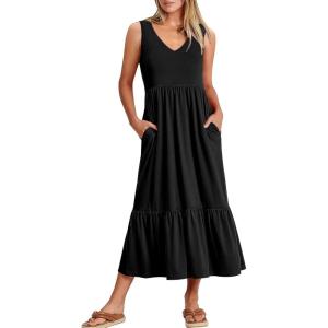 imageANRABESS Womens Summer Maxi Dresses Fit ampamp Flare Flowy V Neck Sleeveless Swing Casual Tiered Beach Sundress with PocketsBlack