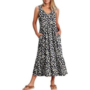 imageANRABESS Womens Summer Maxi Dresses Fit ampamp Flare Flowy V Neck Sleeveless Swing Casual Tiered Beach Sundress with PocketsBlack With Floral White