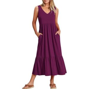 imageANRABESS Womens Summer Maxi Dresses Fit ampamp Flare Flowy V Neck Sleeveless Swing Casual Tiered Beach Sundress with PocketsDark Purple