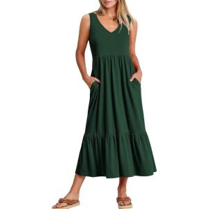 imageANRABESS Womens Summer Maxi Dresses Fit ampamp Flare Flowy V Neck Sleeveless Swing Casual Tiered Beach Sundress with PocketsDeep Green