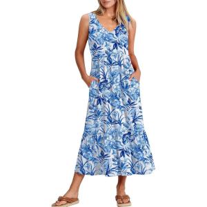 imageANRABESS Womens Summer Maxi Dresses Fit ampamp Flare Flowy V Neck Sleeveless Swing Casual Tiered Beach Sundress with PocketsFloral Royal Blue