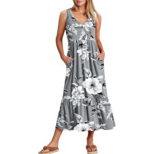 imageANRABESS Womens Summer Maxi Dresses Fit ampamp Flare Flowy V Neck Sleeveless Swing Casual Tiered Beach Sundress with PocketsGrey With Floral White