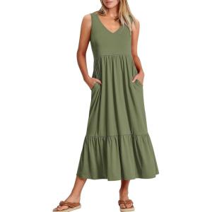imageANRABESS Womens Summer Maxi Dresses Fit ampamp Flare Flowy V Neck Sleeveless Swing Casual Tiered Beach Sundress with PocketsOlive