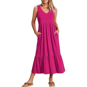 imageANRABESS Womens Summer Maxi Dresses Fit ampamp Flare Flowy V Neck Sleeveless Swing Casual Tiered Beach Sundress with PocketsRose