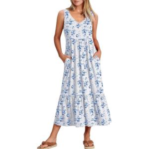 imageANRABESS Womens Summer Maxi Dresses Fit ampamp Flare Flowy V Neck Sleeveless Swing Casual Tiered Beach Sundress with PocketsWhite With Floral Blue