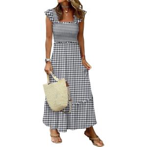 imageANRABESS Womens Summer Sleeveless Maxi Dress Square Neck Smocked Boho Casual Ruffle Strap Flowy ALine Long Beach SundressBlack Plaid