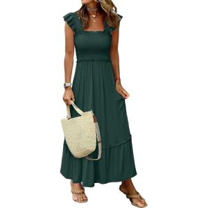 imageANRABESS Womens Summer Sleeveless Maxi Dress Square Neck Smocked Boho Casual Ruffle Strap Flowy ALine Long Beach SundressDeep Green