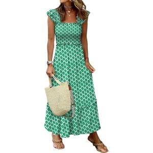 imageANRABESS Womens Summer Sleeveless Maxi Dress Square Neck Smocked Boho Casual Ruffle Strap Flowy ALine Long Beach SundressGreen Floral
