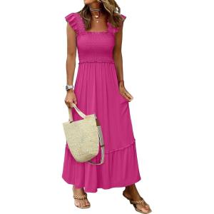 imageANRABESS Womens Summer Sleeveless Maxi Dress Square Neck Smocked Boho Casual Ruffle Strap Flowy ALine Long Beach SundressHot Pink