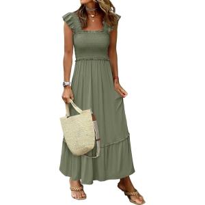 imageANRABESS Womens Summer Sleeveless Maxi Dress Square Neck Smocked Boho Casual Ruffle Strap Flowy ALine Long Beach SundressOlive