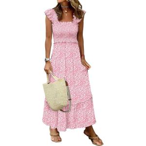 imageANRABESS Womens Summer Sleeveless Maxi Dress Square Neck Smocked Boho Casual Ruffle Strap Flowy ALine Long Beach SundressPrint Floral Pink