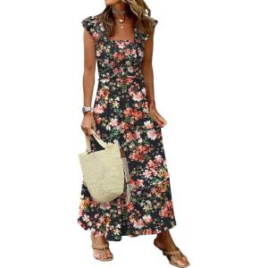 imageANRABESS Womens Summer Sleeveless Maxi Dress Square Neck Smocked Boho Casual Ruffle Strap Flowy ALine Long Beach SundressPrint Orange Floral