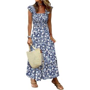 imageANRABESS Womens Summer Sleeveless Maxi Dress Square Neck Smocked Boho Casual Ruffle Strap Flowy ALine Long Beach SundressPrint White Floral