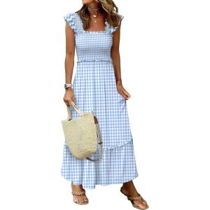 imageANRABESS Womens Summer Sleeveless Maxi Dress Square Neck Smocked Boho Casual Ruffle Strap Flowy ALine Long Beach SundressSky Blue Plaid