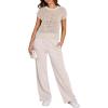 imageANRABESS Women Two Piece Outfits Crochet Sheer Knit Sweater Top Wide Leg Pants Lounge Matching Sets Sweatsuit Travel ClothesAprioct