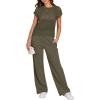 imageANRABESS Women Two Piece Outfits Crochet Sheer Knit Sweater Top Wide Leg Pants Lounge Matching Sets Sweatsuit Travel ClothesArmy Green