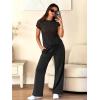 imageANRABESS Women Two Piece Outfits Crochet Sheer Knit Sweater Top Wide Leg Pants Lounge Matching Sets Sweatsuit Travel ClothesBlack