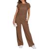 imageANRABESS Women Two Piece Outfits Crochet Sheer Knit Sweater Top Wide Leg Pants Lounge Matching Sets Sweatsuit Travel ClothesBrown