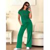 imageANRABESS Women Two Piece Outfits Crochet Sheer Knit Sweater Top Wide Leg Pants Lounge Matching Sets Sweatsuit Travel ClothesGreen