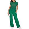 imageANRABESS Women Two Piece Outfits Crochet Sheer Knit Sweater Top Wide Leg Pants Lounge Matching Sets Sweatsuit Travel ClothesGreen