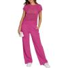 imageANRABESS Women Two Piece Outfits Crochet Sheer Knit Sweater Top Wide Leg Pants Lounge Matching Sets Sweatsuit Travel ClothesHot Pink