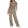 imageANRABESS Women Two Piece Outfits Crochet Sheer Knit Sweater Top Wide Leg Pants Lounge Matching Sets Sweatsuit Travel ClothesLight Brown