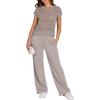 imageANRABESS Women Two Piece Outfits Crochet Sheer Knit Sweater Top Wide Leg Pants Lounge Matching Sets Sweatsuit Travel ClothesLight Khaki