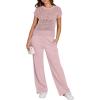 imageANRABESS Women Two Piece Outfits Crochet Sheer Knit Sweater Top Wide Leg Pants Lounge Matching Sets Sweatsuit Travel ClothesLight Pink