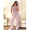 imageANRABESS Women Two Piece Outfits Crochet Sheer Knit Sweater Top Wide Leg Pants Lounge Matching Sets Sweatsuit Travel ClothesLight Pink