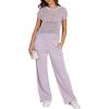 imageANRABESS Women Two Piece Outfits Crochet Sheer Knit Sweater Top Wide Leg Pants Lounge Matching Sets Sweatsuit Travel ClothesLight Purple
