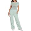 imageANRABESS Women Two Piece Outfits Crochet Sheer Knit Sweater Top Wide Leg Pants Lounge Matching Sets Sweatsuit Travel ClothesMint Green