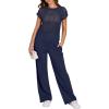 imageANRABESS Women Two Piece Outfits Crochet Sheer Knit Sweater Top Wide Leg Pants Lounge Matching Sets Sweatsuit Travel ClothesNavy Blue