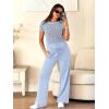 imageANRABESS Women Two Piece Outfits Crochet Sheer Knit Sweater Top Wide Leg Pants Lounge Matching Sets Sweatsuit Travel ClothesSky Blue