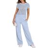 imageANRABESS Women Two Piece Outfits Crochet Sheer Knit Sweater Top Wide Leg Pants Lounge Matching Sets Sweatsuit Travel ClothesSky Blue