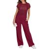 imageANRABESS Women Two Piece Outfits Crochet Sheer Knit Sweater Top Wide Leg Pants Lounge Matching Sets Sweatsuit Travel ClothesWine Red