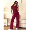 imageANRABESS Women Two Piece Outfits Crochet Sheer Knit Sweater Top Wide Leg Pants Lounge Matching Sets Sweatsuit Travel ClothesWine Red