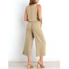 imageANRABESS Womens Summer 2 Piece Outfits Sleeveless Crop Top Capri Wide Leg Pants Jumpsuit Linen Lounge Beach Travel SetsApricot