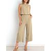 imageANRABESS Womens Summer 2 Piece Outfits Sleeveless Crop Top Capri Wide Leg Pants Jumpsuit Linen Lounge Beach Travel SetsApricot