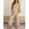 imageANRABESS Womens Summer 2 Piece Outfits Sleeveless Crop Top Capri Wide Leg Pants Jumpsuit Linen Lounge Beach Travel SetsApricot